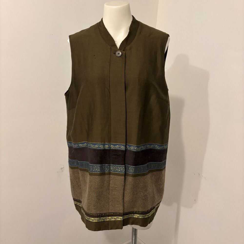 Marina Rinaldi Olive Green Boho Size 18W Mixed Pattern Button Front Vest Wool